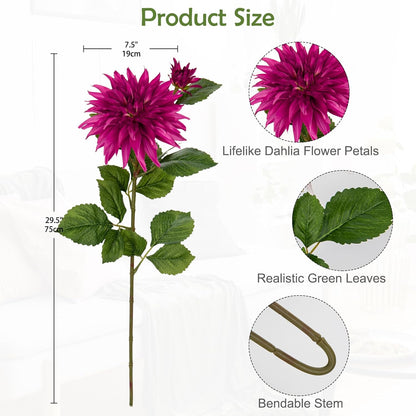 3Pcs Dark Red Fake Dahlia Flowers Fall Flowers Artificial for Decoration Silk Flower with Long Stem 28" Floral Arrangements Bouquets Autumn Faux Dahlias Centerpieces Fall Decorations for Home