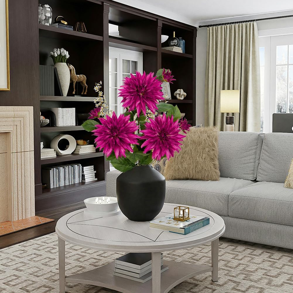 3Pcs Dark Red Fake Dahlia Flowers Fall Flowers Artificial for Decoration Silk Flower with Long Stem 28" Floral Arrangements Bouquets Autumn Faux Dahlias Centerpieces Fall Decorations for Home