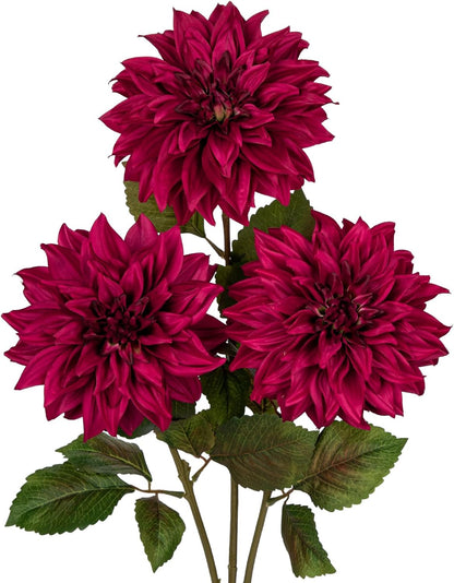 3Pcs Dark Red Fake Dahlia Flowers Fall Flowers Artificial for Decoration Silk Flower with Long Stem 28" Floral Arrangements Bouquets Autumn Faux Dahlias Centerpieces Fall Decorations for Home