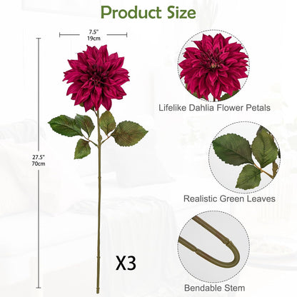 3Pcs Dark Red Fake Dahlia Flowers Fall Flowers Artificial for Decoration Silk Flower with Long Stem 28" Floral Arrangements Bouquets Autumn Faux Dahlias Centerpieces Fall Decorations for Home