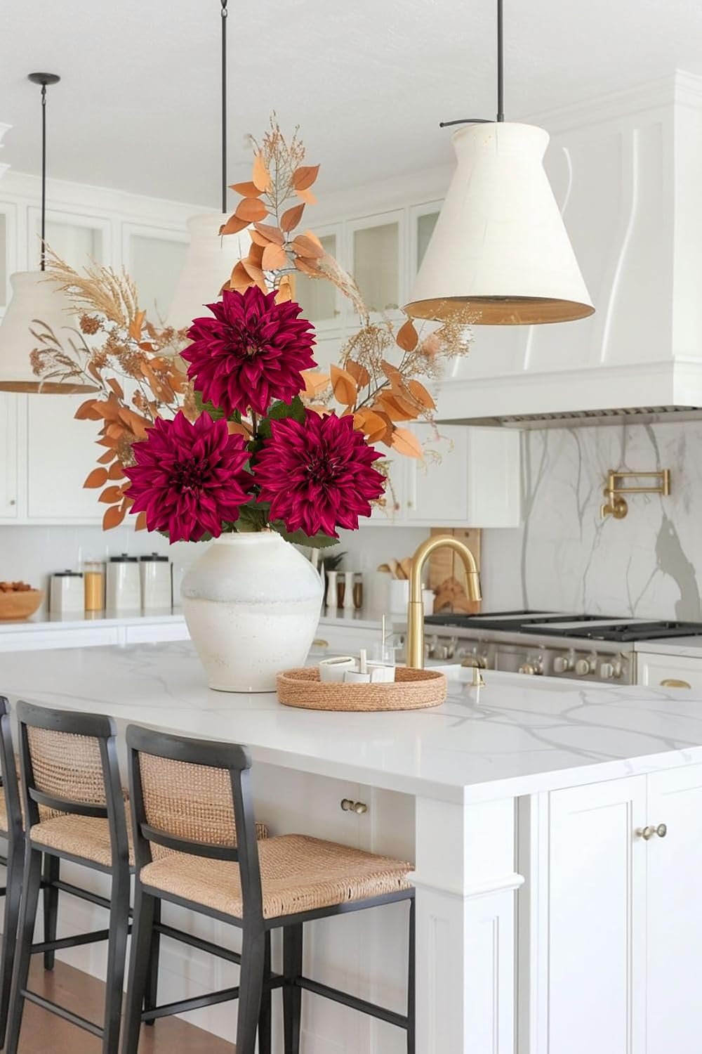 3Pcs Dark Red Fake Dahlia Flowers Fall Flowers Artificial for Decoration Silk Flower with Long Stem 28" Floral Arrangements Bouquets Autumn Faux Dahlias Centerpieces Fall Decorations for Home