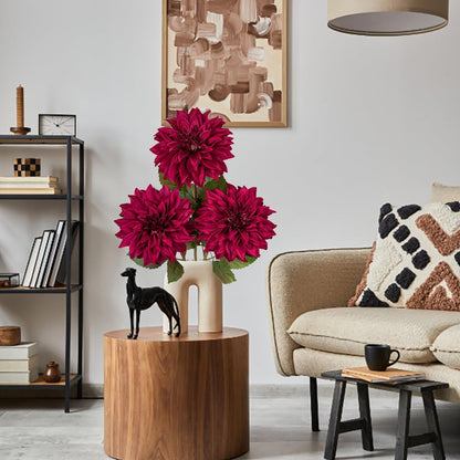 3Pcs Dark Red Fake Dahlia Flowers Fall Flowers Artificial for Decoration Silk Flower with Long Stem 28" Floral Arrangements Bouquets Autumn Faux Dahlias Centerpieces Fall Decorations for Home