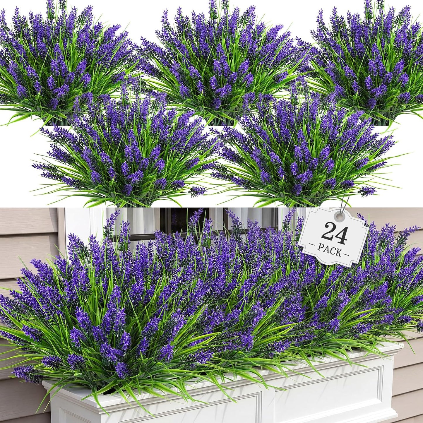 24 Bundles Faux Outdoor Plants, UV Resistant Fake Lavender & Monkey Grass, Realistic Artificial Greenery Shrubs for Outdoor Patio Garden Farmhouse Spring Summer Decor
