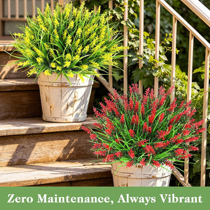 24 Bundles Faux Outdoor Plants, UV Resistant Fake Lavender & Monkey Grass, Realistic Artificial Greenery Shrubs for Outdoor Patio Garden Farmhouse Spring Summer Decor