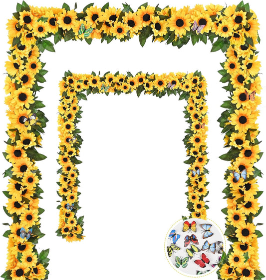 2 Pack Artificial Sunflower Garland Decor, Sunflower Vines Hanging Flowers Garland with Green Leaves, Fake Yellow Floral Vines Room Wedding Party Decoration