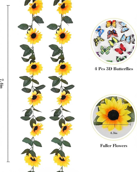 2 Pack Artificial Sunflower Garland Decor, Sunflower Vines Hanging Flowers Garland with Green Leaves, Fake Yellow Floral Vines Room Wedding Party Decoration