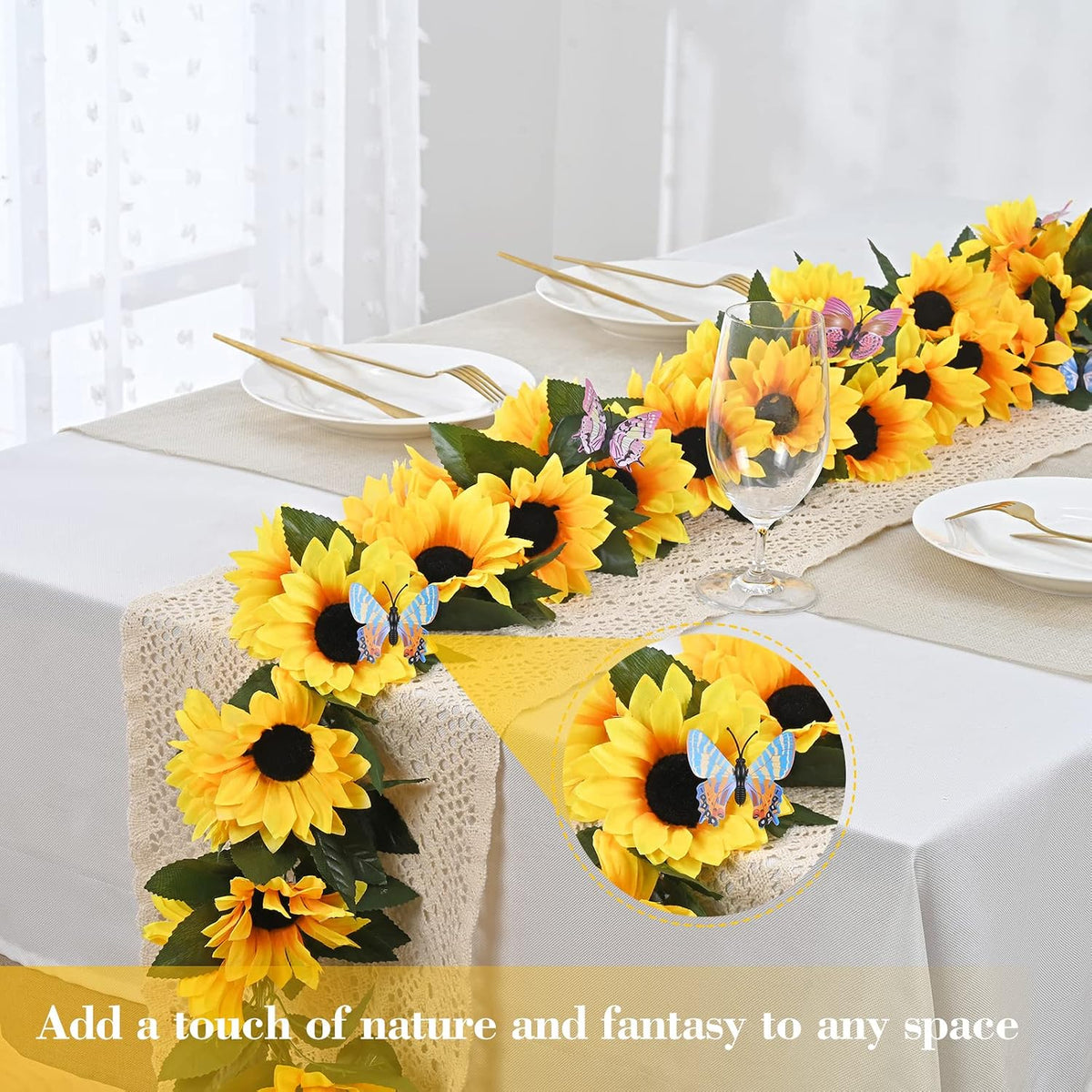 2 Pack Artificial Sunflower Garland Decor, Sunflower Vines Hanging Flowers Garland with Green Leaves, Fake Yellow Floral Vines Room Wedding Party Decoration