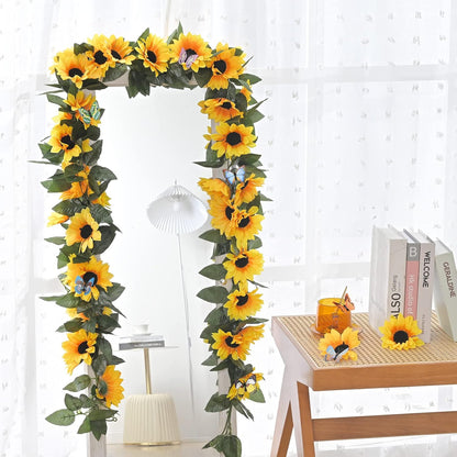 2 Pack Artificial Sunflower Garland Decor, Sunflower Vines Hanging Flowers Garland with Green Leaves, Fake Yellow Floral Vines Room Wedding Party Decoration