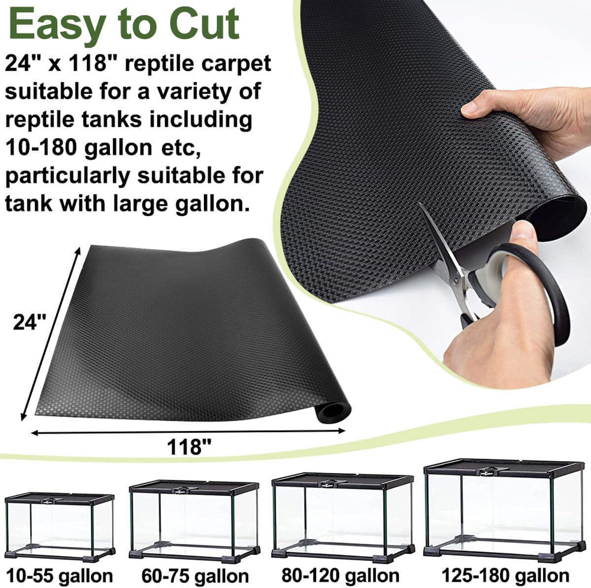 Bearded Dragon Tank Accessories Reptile Carpet, 24"×118", Black