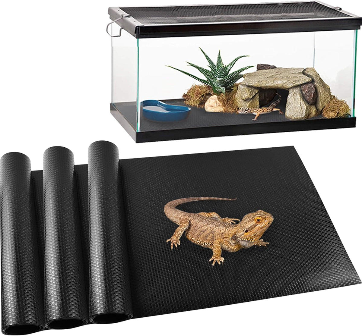 Bearded Dragon Tank Accessories Reptile Carpet, 24"×118", Black
