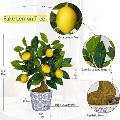 Artificial Potted Plants, 15.7 inches Small Fake Lemon Tree Artificial Lemons Citrus Tree with Blue and White Pot Faux Potted Plants Indoor Lemon Decorations for Home, Office, Living Room Table, Desk