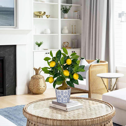 Artificial Potted Plants, 15.7 inches Small Fake Lemon Tree Artificial Lemons Citrus Tree with Blue and White Pot Faux Potted Plants Indoor Lemon Decorations for Home, Office, Living Room Table, Desk