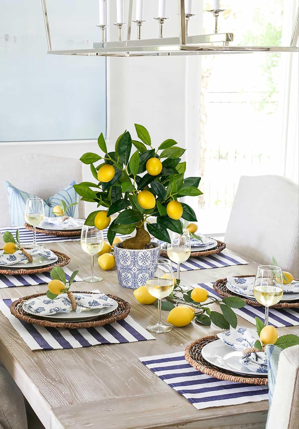 Artificial Potted Plants, 15.7 inches Small Fake Lemon Tree Artificial Lemons Citrus Tree with Blue and White Pot Faux Potted Plants Indoor Lemon Decorations for Home, Office, Living Room Table, Desk