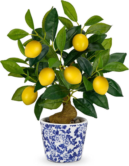 Artificial Potted Plants, 15.7 inches Small Fake Lemon Tree Artificial Lemons Citrus Tree with Blue and White Pot Faux Potted Plants Indoor Lemon Decorations for Home, Office, Living Room Table, Desk