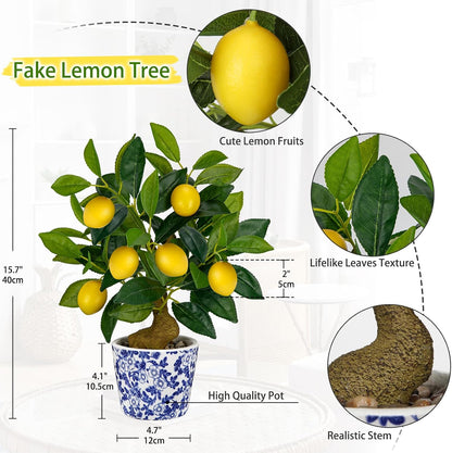 Artificial Potted Plants, 15.7 inches Small Fake Lemon Tree Artificial Lemons Citrus Tree with Blue and White Pot Faux Potted Plants Indoor Lemon Decorations for Home, Office, Living Room Table, Desk