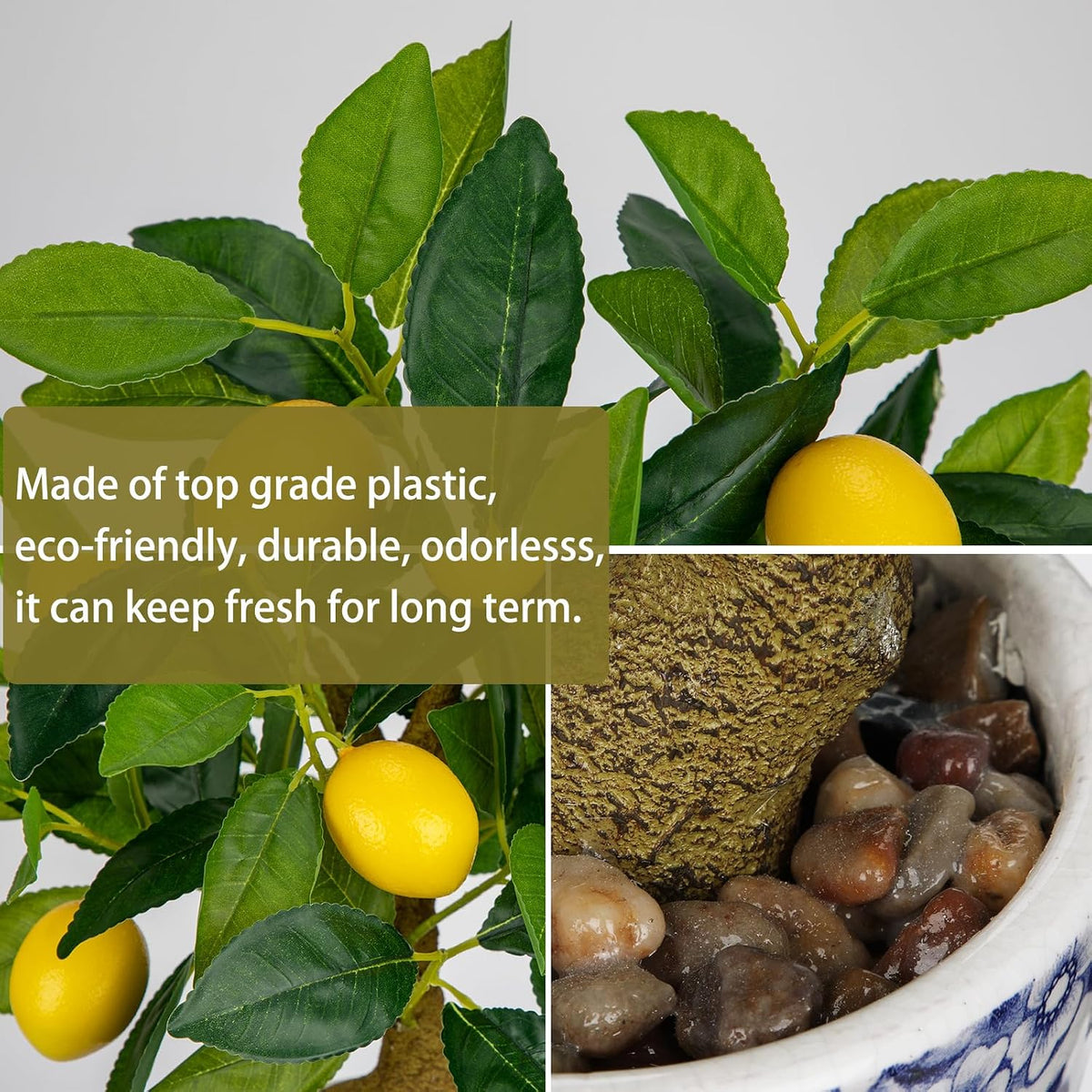 Artificial Potted Plants, 15.7 inches Small Fake Lemon Tree Artificial Lemons Citrus Tree with Blue and White Pot Faux Potted Plants Indoor Lemon Decorations for Home, Office, Living Room Table, Desk