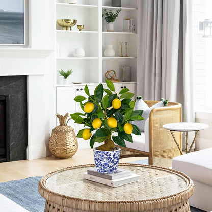 Artificial Potted Plants, 15.7 inches Small Fake Lemon Tree Artificial Lemons Citrus Tree with Blue and White Pot Faux Potted Plants Indoor Lemon Decorations for Home, Office, Living Room Table, Desk