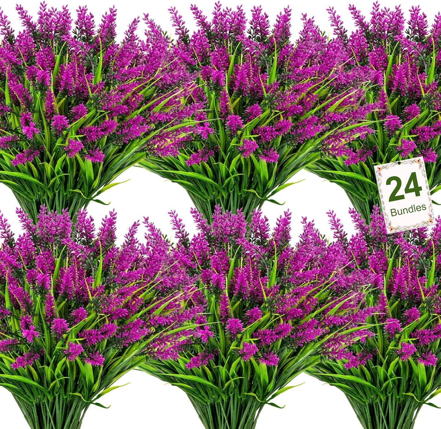 24 Bundles Artificial Flowers for Outdoors Fake Lavender, Fuchsia | UV resistant, plastic faux lavender with monkey grass, outside planter window box garden patio front porch home decor