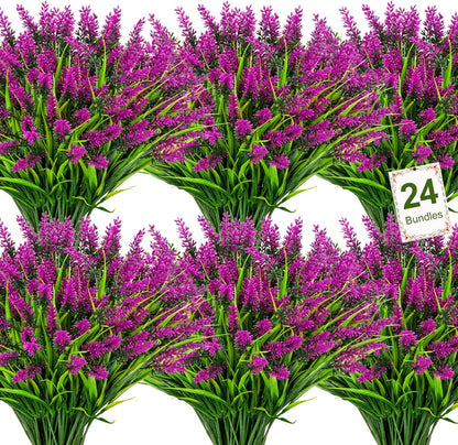 24 Bundles Artificial Flowers for Outdoors Fake Lavender, Fuchsia | UV resistant, plastic faux lavender with monkey grass, outside planter window box garden patio front porch home decor