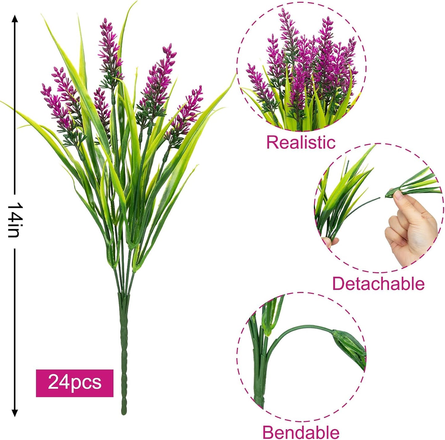 24 Bundles Artificial Flowers for Outdoors Fake Lavender, Fuchsia | UV resistant, plastic faux lavender with monkey grass, outside planter window box garden patio front porch home decor
