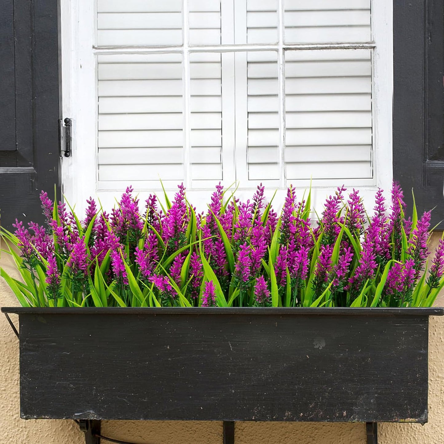 24 Bundles Artificial Flowers for Outdoors Fake Lavender, Fuchsia | UV resistant, plastic faux lavender with monkey grass, outside planter window box garden patio front porch home decor