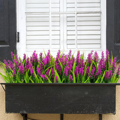 24 Bundles Artificial Flowers for Outdoors Fake Lavender, Fuchsia | UV resistant, plastic faux lavender with monkey grass, outside planter window box garden patio front porch home decor