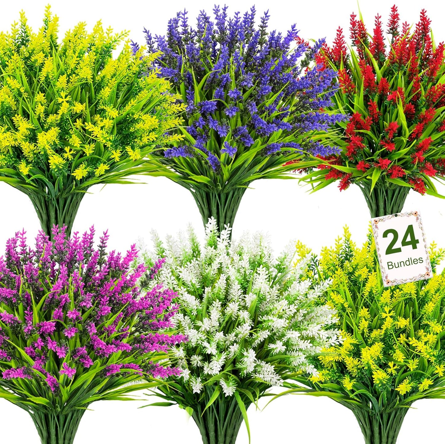 24 Bundles Artificial Flowers for Outdoors Fake Lavender, Fuchsia | UV resistant, plastic faux lavender with monkey grass, outside planter window box garden patio front porch home decor
