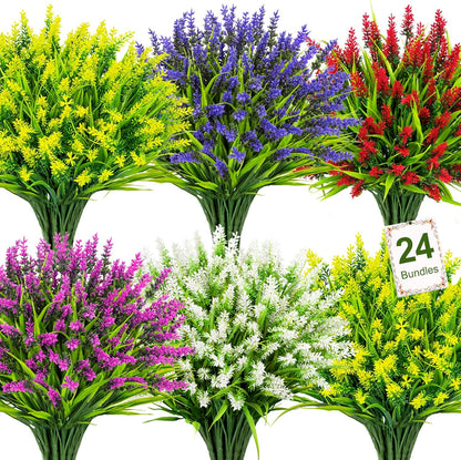 24 Bundles Artificial Flowers for Outdoors Fake Lavender, Fuchsia | UV resistant, plastic faux lavender with monkey grass, outside planter window box garden patio front porch home decor