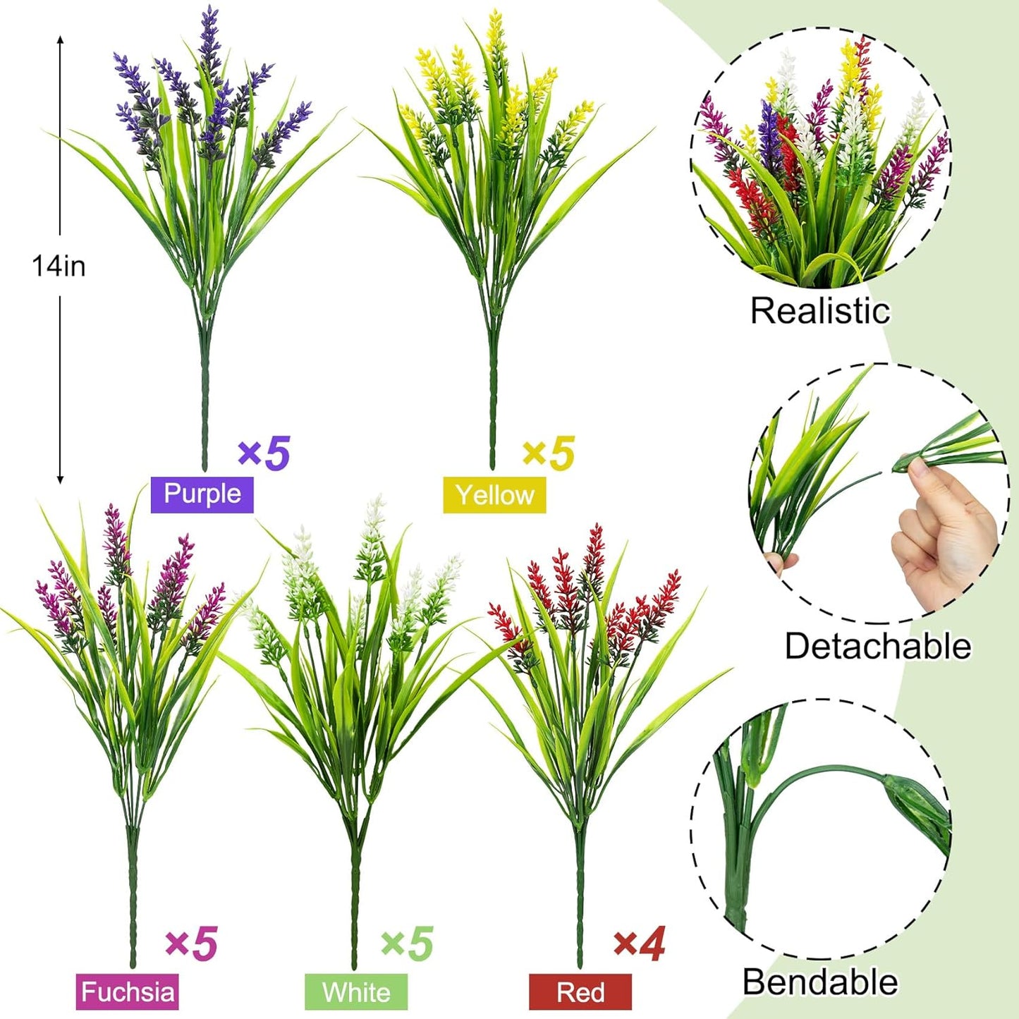 24 Bundles Artificial Flowers for Outdoors Fake Lavender, Fuchsia | UV resistant, plastic faux lavender with monkey grass, outside planter window box garden patio front porch home decor