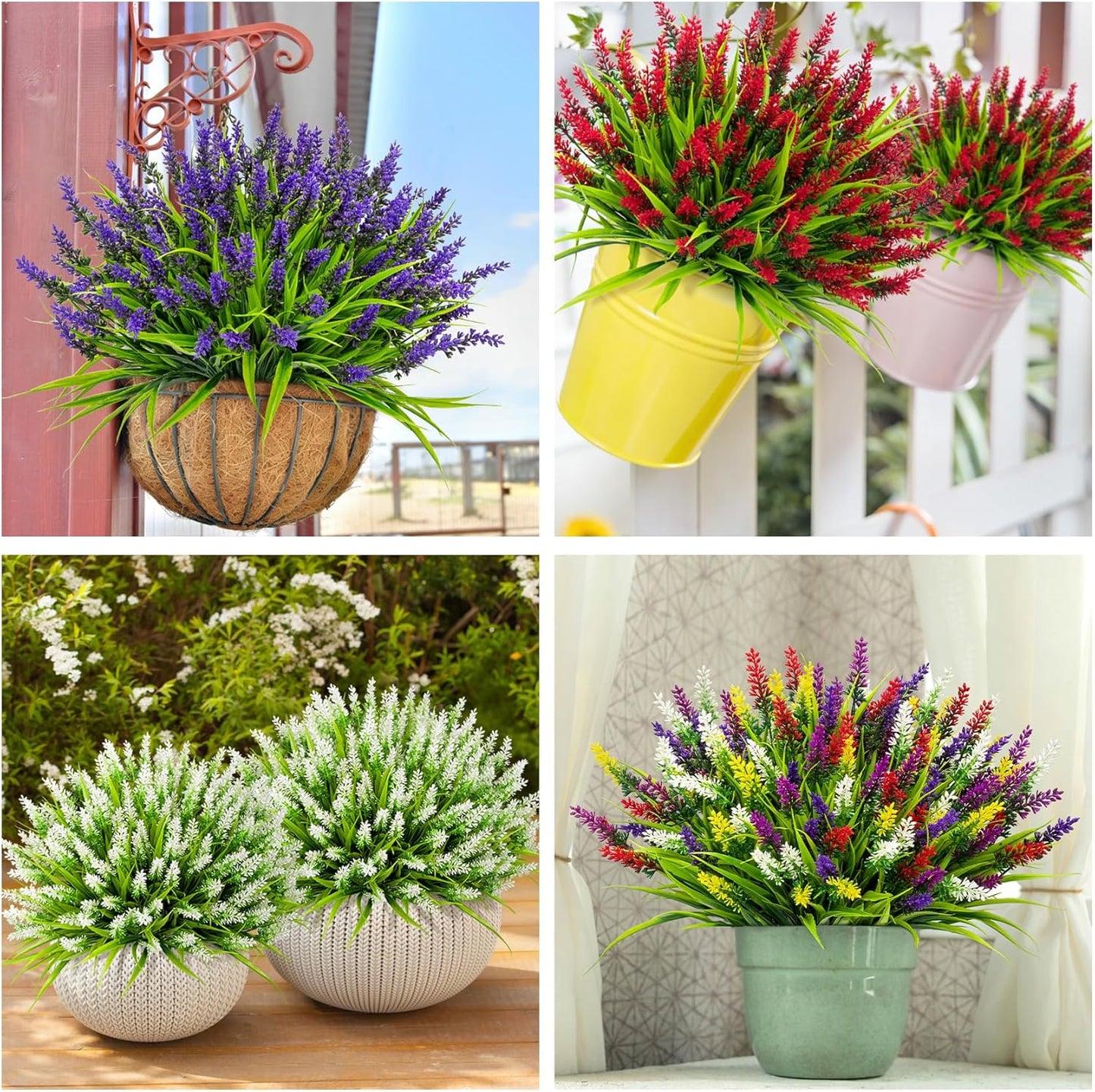24 Bundles Artificial Flowers for Outdoors Fake Lavender, Fuchsia | UV resistant, plastic faux lavender with monkey grass, outside planter window box garden patio front porch home decor
