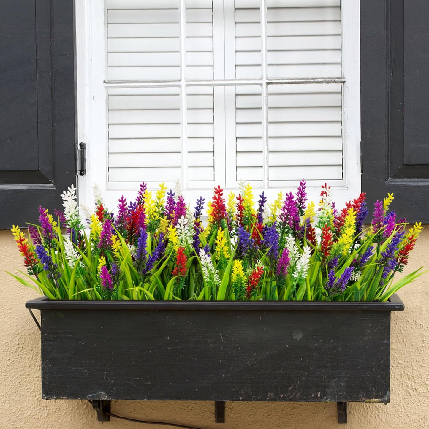 24 Bundles Artificial Flowers for Outdoors Fake Lavender, Fuchsia | UV resistant, plastic faux lavender with monkey grass, outside planter window box garden patio front porch home decor