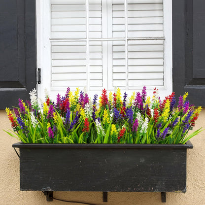 24 Bundles Artificial Flowers for Outdoors Fake Lavender, Fuchsia | UV resistant, plastic faux lavender with monkey grass, outside planter window box garden patio front porch home decor