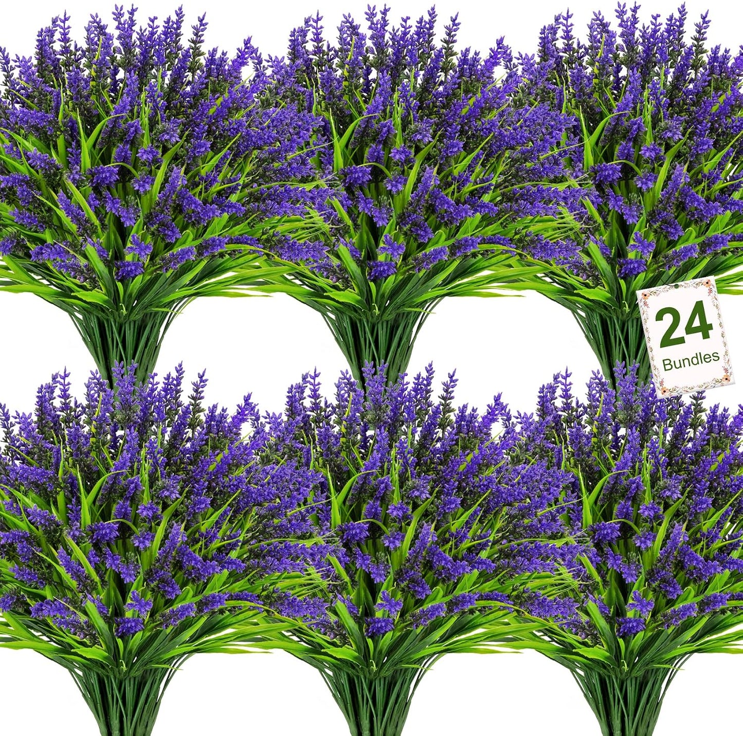 24 Bundles Artificial Flowers for Outdoors Fake Lavender, Fuchsia | UV resistant, plastic faux lavender with monkey grass, outside planter window box garden patio front porch home decor