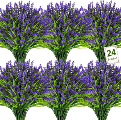 24 Bundles Artificial Flowers for Outdoors Fake Lavender, Fuchsia | UV resistant, plastic faux lavender with monkey grass, outside planter window box garden patio front porch home decor