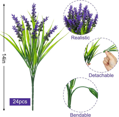 24 Bundles Artificial Flowers for Outdoors Fake Lavender, Fuchsia | UV resistant, plastic faux lavender with monkey grass, outside planter window box garden patio front porch home decor