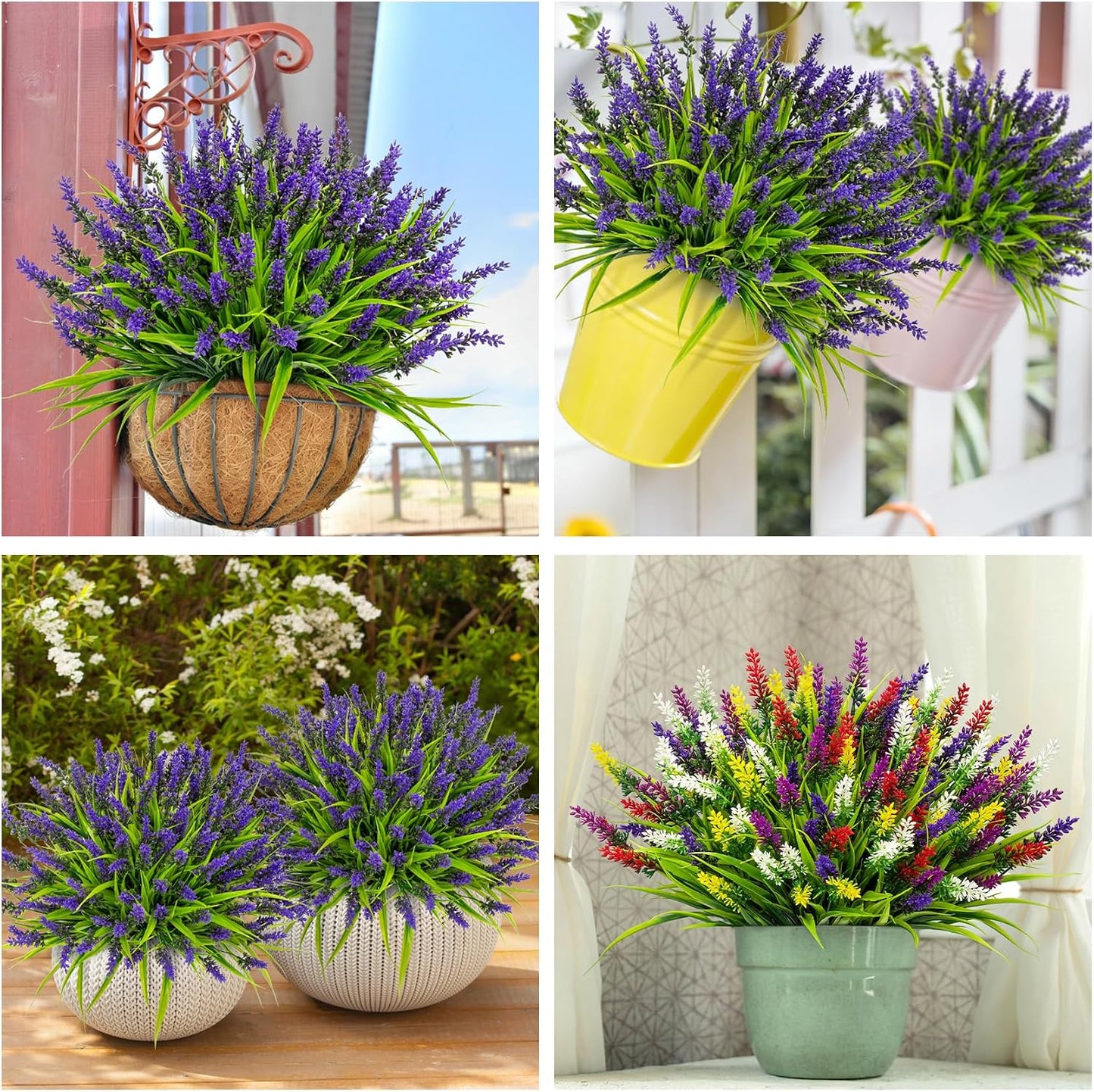 24 Bundles Artificial Flowers for Outdoors Fake Lavender, Fuchsia | UV resistant, plastic faux lavender with monkey grass, outside planter window box garden patio front porch home decor