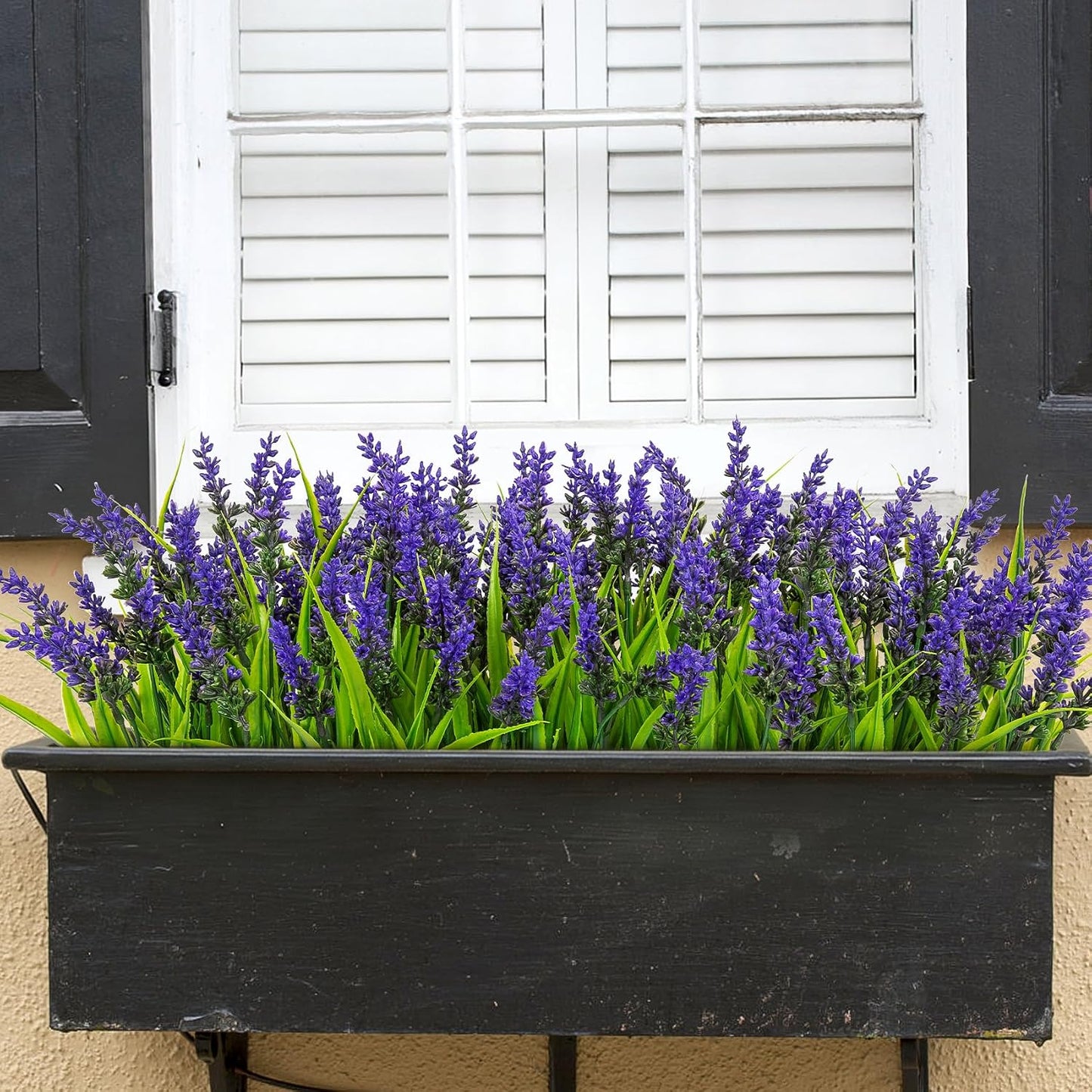 24 Bundles Artificial Flowers for Outdoors Fake Lavender, Fuchsia | UV resistant, plastic faux lavender with monkey grass, outside planter window box garden patio front porch home decor