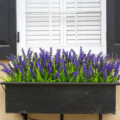 24 Bundles Artificial Flowers for Outdoors Fake Lavender, Fuchsia | UV resistant, plastic faux lavender with monkey grass, outside planter window box garden patio front porch home decor