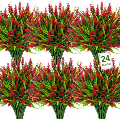 24 Bundles Artificial Flowers for Outdoors Fake Lavender, Fuchsia | UV resistant, plastic faux lavender with monkey grass, outside planter window box garden patio front porch home decor