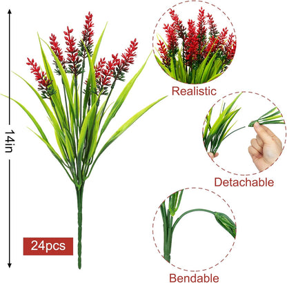 24 Bundles Artificial Flowers for Outdoors Fake Lavender, Fuchsia | UV resistant, plastic faux lavender with monkey grass, outside planter window box garden patio front porch home decor
