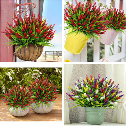 24 Bundles Artificial Flowers for Outdoors Fake Lavender, Fuchsia | UV resistant, plastic faux lavender with monkey grass, outside planter window box garden patio front porch home decor