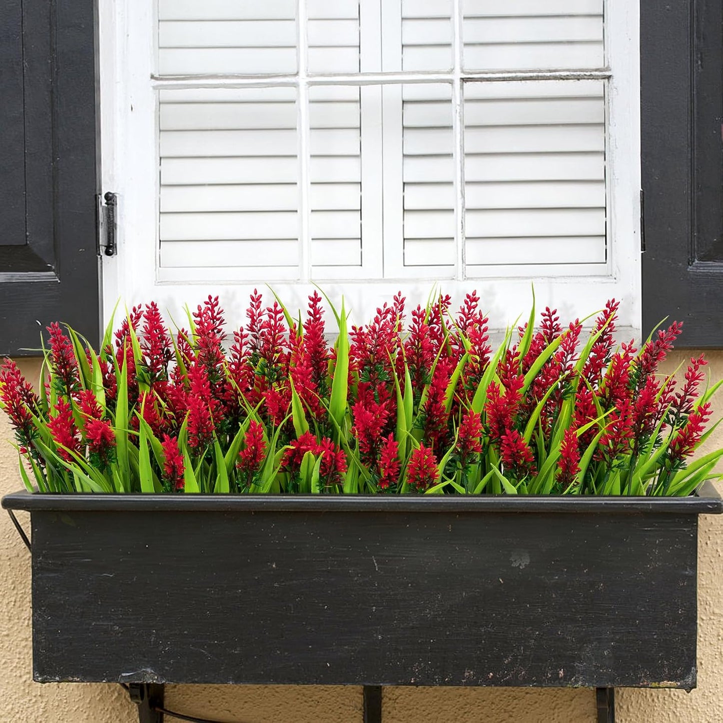 24 Bundles Artificial Flowers for Outdoors Fake Lavender, Fuchsia | UV resistant, plastic faux lavender with monkey grass, outside planter window box garden patio front porch home decor
