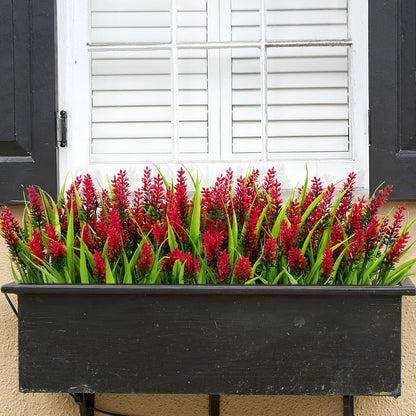 24 Bundles Artificial Flowers for Outdoors Fake Lavender, Fuchsia | UV resistant, plastic faux lavender with monkey grass, outside planter window box garden patio front porch home decor