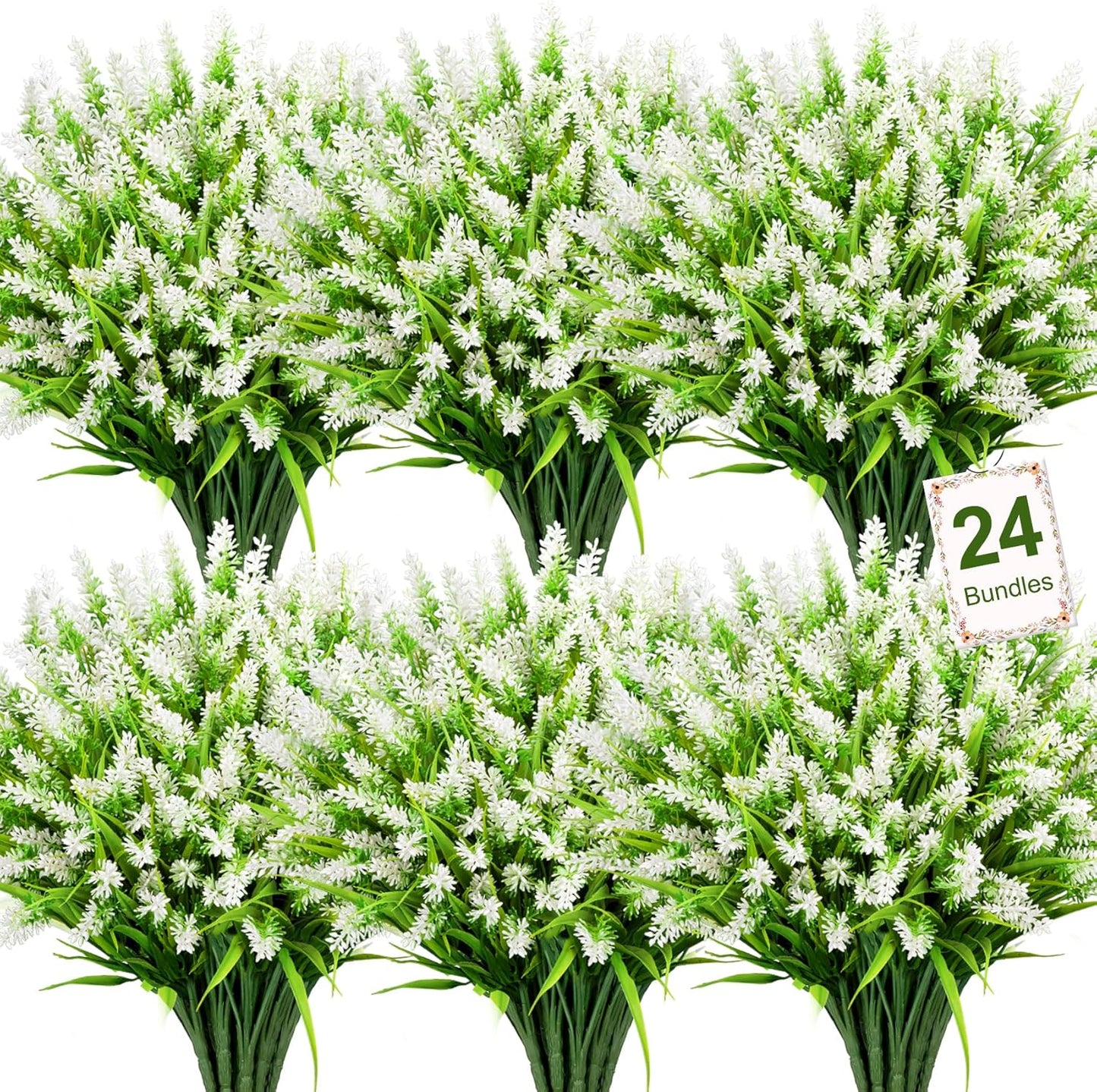 24 Bundles Artificial Flowers for Outdoors Fake Lavender, Fuchsia | UV resistant, plastic faux lavender with monkey grass, outside planter window box garden patio front porch home decor
