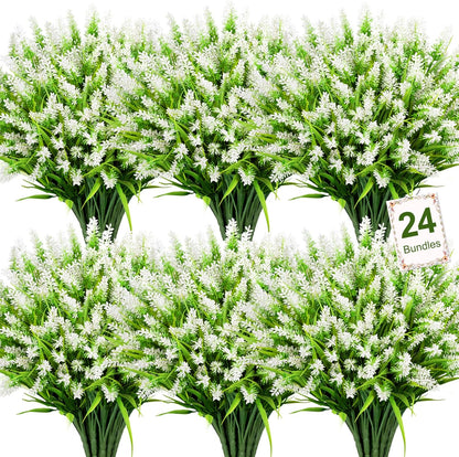 24 Bundles Artificial Flowers for Outdoors Fake Lavender, Fuchsia | UV resistant, plastic faux lavender with monkey grass, outside planter window box garden patio front porch home decor