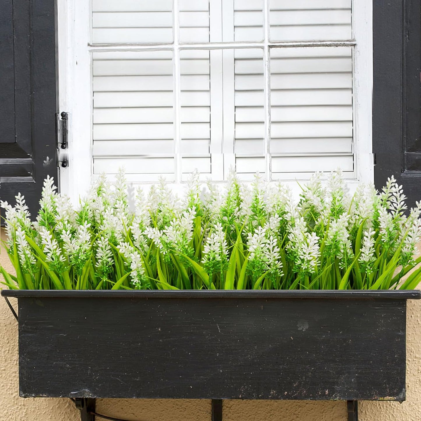 24 Bundles Artificial Flowers for Outdoors Fake Lavender, Fuchsia | UV resistant, plastic faux lavender with monkey grass, outside planter window box garden patio front porch home decor