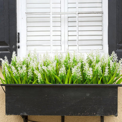 24 Bundles Artificial Flowers for Outdoors Fake Lavender, Fuchsia | UV resistant, plastic faux lavender with monkey grass, outside planter window box garden patio front porch home decor