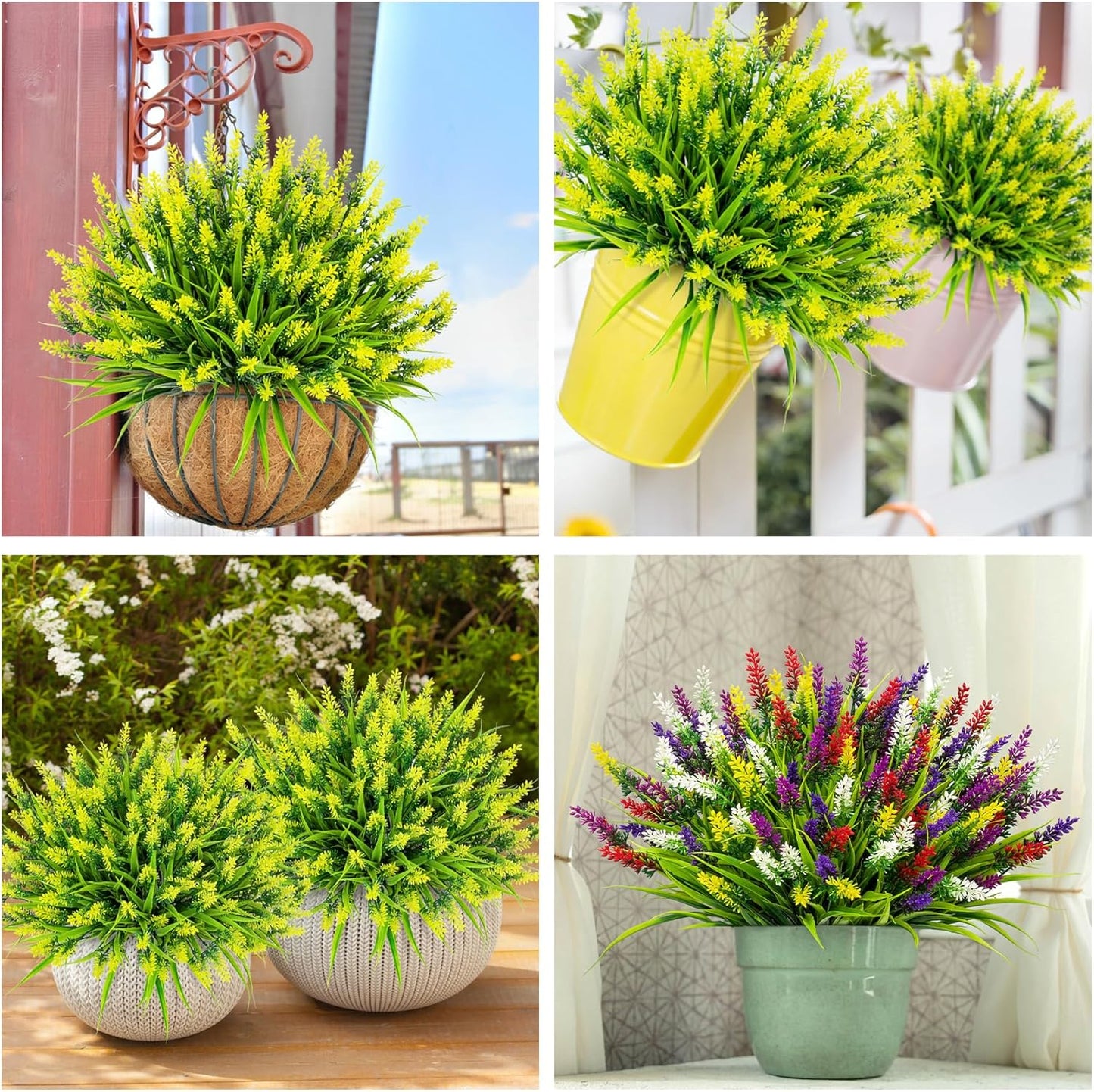 24 Bundles Artificial Flowers for Outdoors Fake Lavender, Fuchsia | UV resistant, plastic faux lavender with monkey grass, outside planter window box garden patio front porch home decor