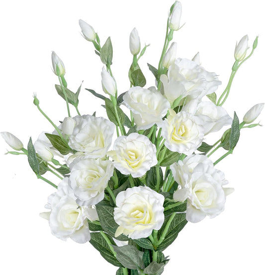 Eustoma Artificial Flowers 30” Long Stems Faux Roses Bouquet Dozen Silk Blooming Heads DIY Crafts Home Decoration, 4pcs Bulk (White)