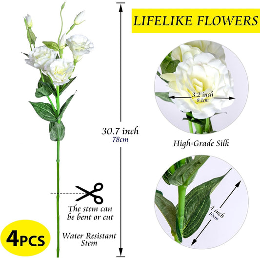 Eustoma Artificial Flowers 30” Long Stems Faux Roses Bouquet Dozen Silk Blooming Heads DIY Crafts Home Decoration, 4pcs Bulk (White)